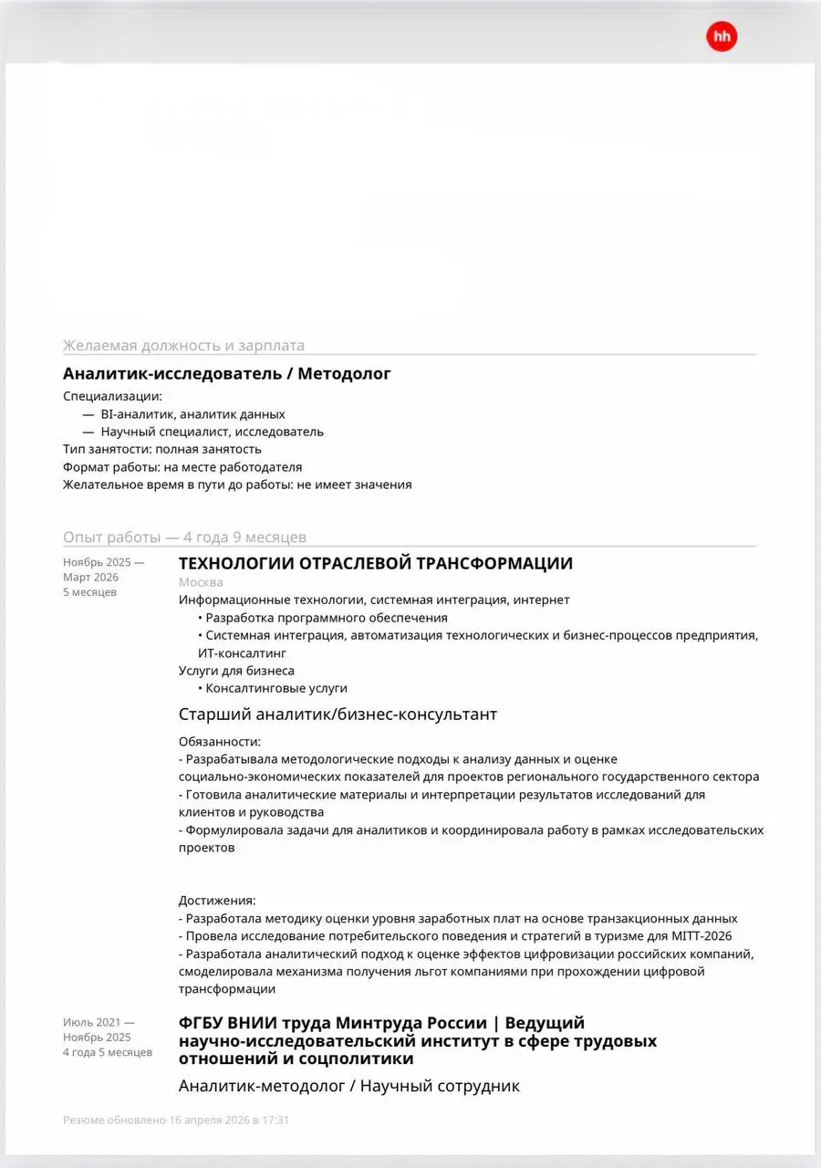 Возвращаюсь с еженедельной рубрикой разбора резюме
Сегодня разбираем кейс исследователя-аналитика | Сетка — социальная сеть от hh.ru