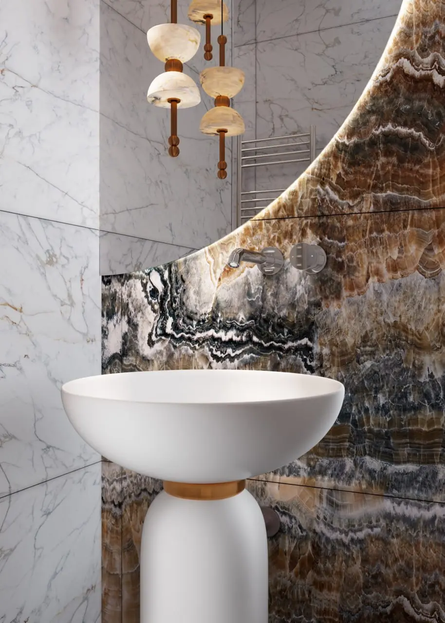 Визуализация гостевого санузла в квартире. Отделка Калакатта Голд, оникс | Сетка — социальная сеть от hh.ru