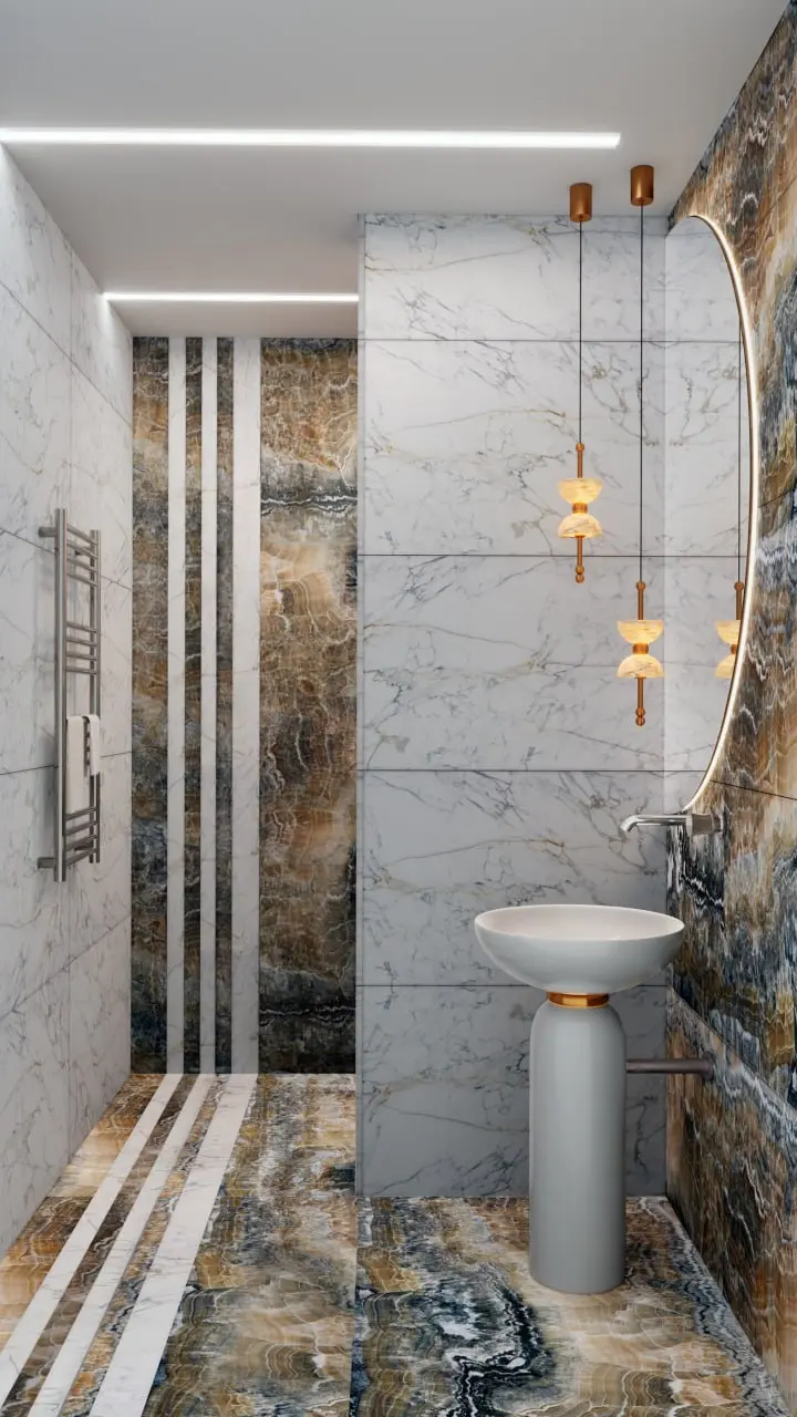 Визуализация гостевого санузла в квартире. Отделка Калакатта Голд, оникс | Сетка — социальная сеть от hh.ru