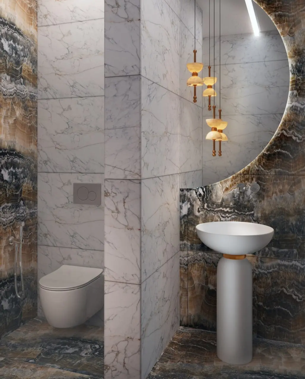 Визуализация гостевого санузла в квартире. Отделка Калакатта Голд, оникс | Сетка — социальная сеть от hh.ru