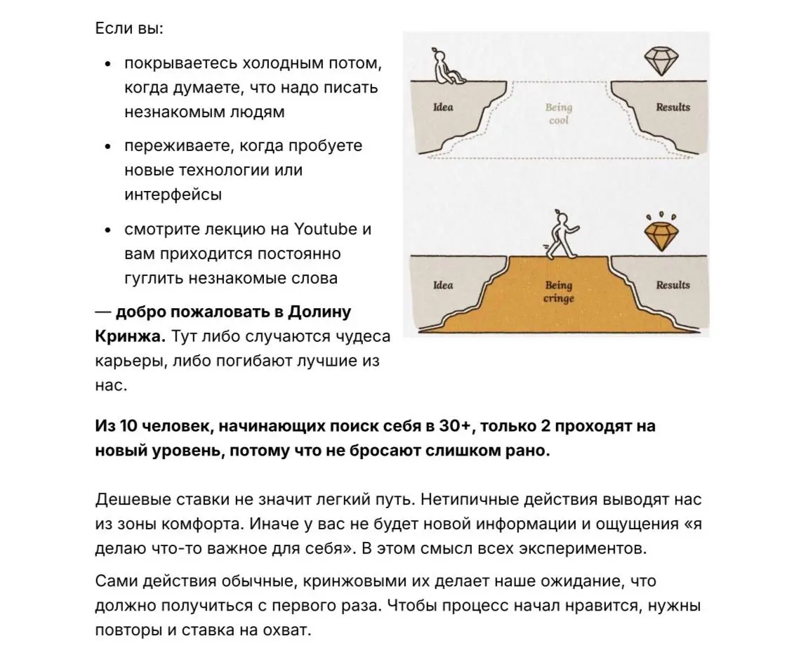 Про «долину кринжа» и мои новые действия
Про первое — в скриншотах из гайда про внедрение изменений в жизнь | Сетка — социальная сеть от hh.ru