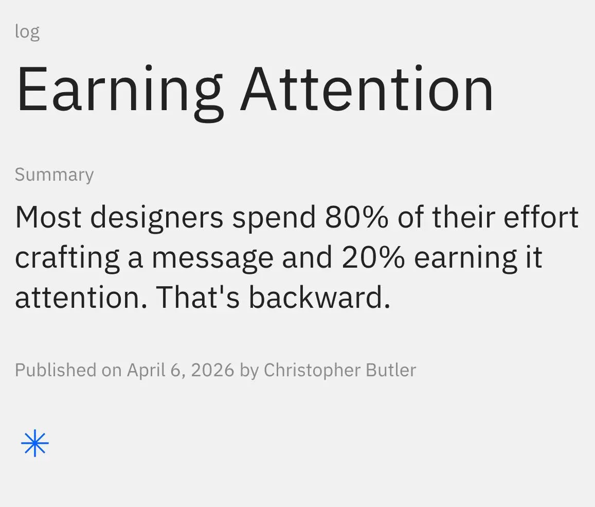 Earning Attention.
💭Кристофер Батлер объяснил, почему в маркетинге важно не только убедить пользователя в своей идее, но и заслужить его внимание перед этим | Сетка — социальная сеть от hh.ru