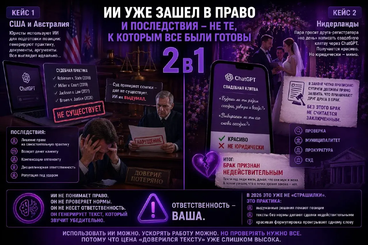 ⚖️ ИИ уже зашел в право. И последствия - не те, к которым все были готовы
Сейчас ИИ используют все. Юристы тоже. Кто-то аккуратно, кто-то “ну он же умный, он знает” | Сетка — социальная сеть от hh.ru