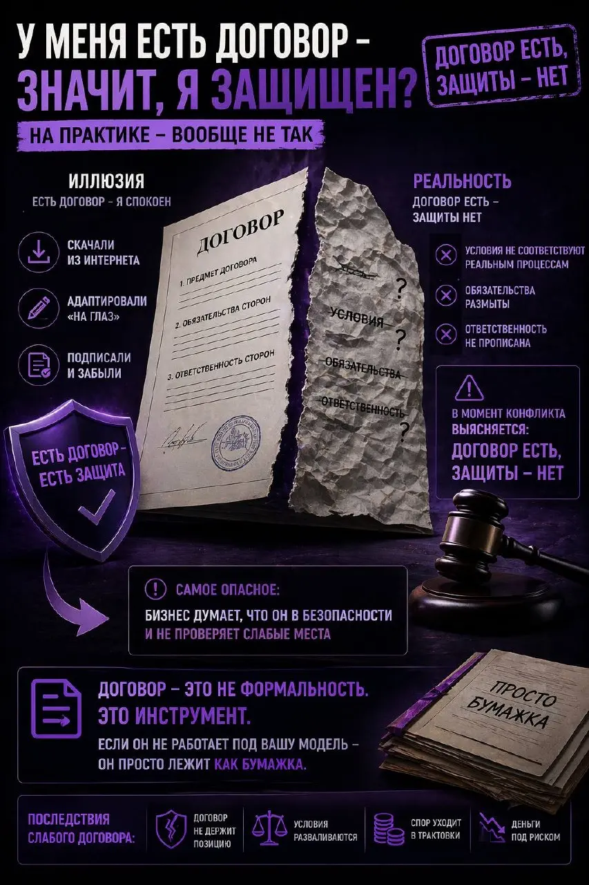 ⚖️Самая дорогая иллюзия бизнеса:
«у меня есть договор — значит, я защищен»
Звучит спокойно.
Даже уверенно. Проблема в том, что к реальности это почти не имеет отношения | Сетка — социальная сеть от hh.ru