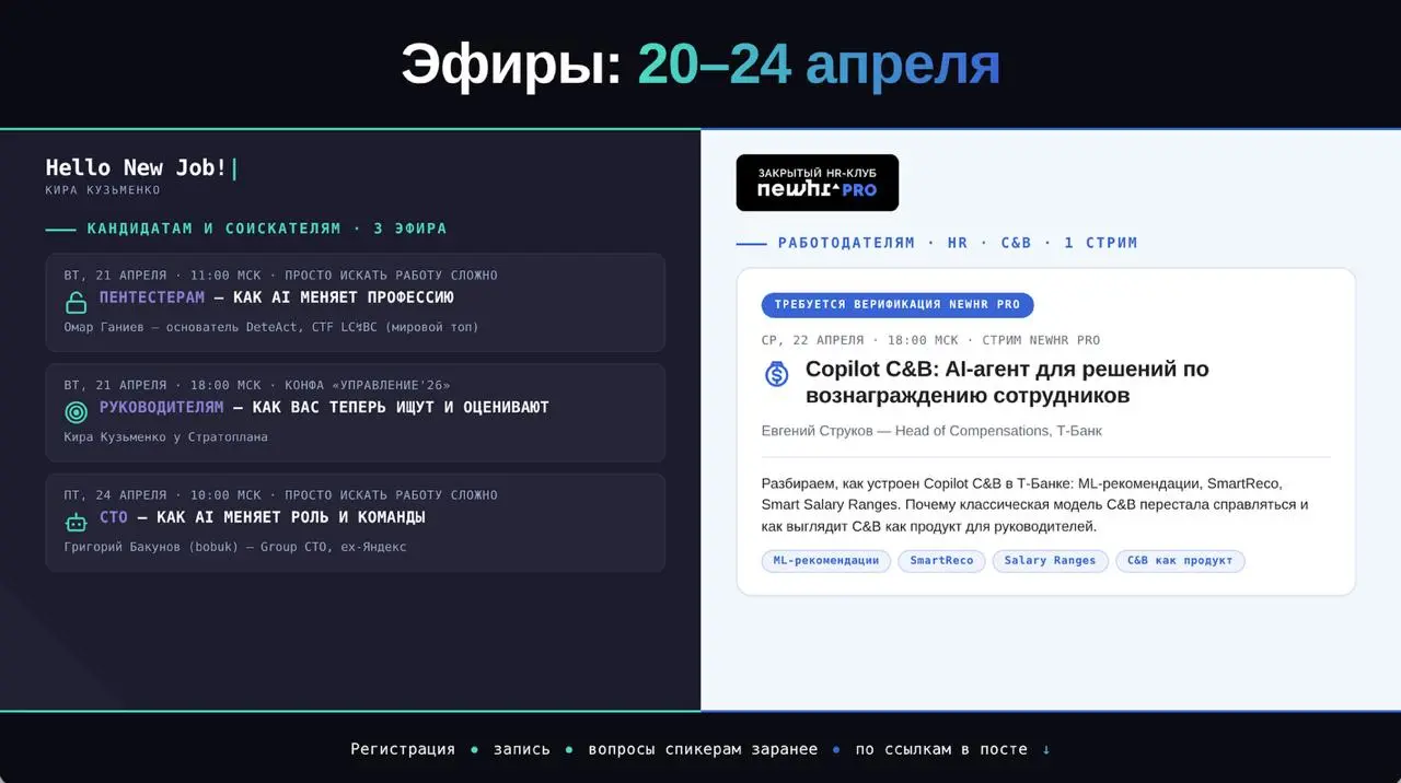 🗓️ 4 эфира на этой неделе: для РАБОТОДАТЕЛЕЙ и для СОИСКАТЕЛЕЙ! Выбирайте подходящие на ваш вкус
━━━━━━━━━━━━━━━
👤 СОИСКАТЕЛЯМ · 3 ЭФИРА
━━━━━━━━━━━━━━━
Вт, 21 апреля · 11:00 МСК
🔓 ПЕНТЕСТЕРАМ: как AI... | Сетка — социальная сеть от hh.ru