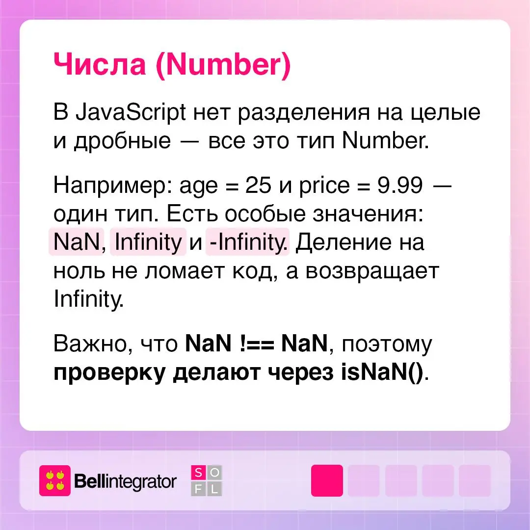 Типы данных в JavaScript ⚙️
JS — язык с динамической типизацией: тип переменной не задается вручную, а определяется автоматически | Сетка — социальная сеть от hh.ru