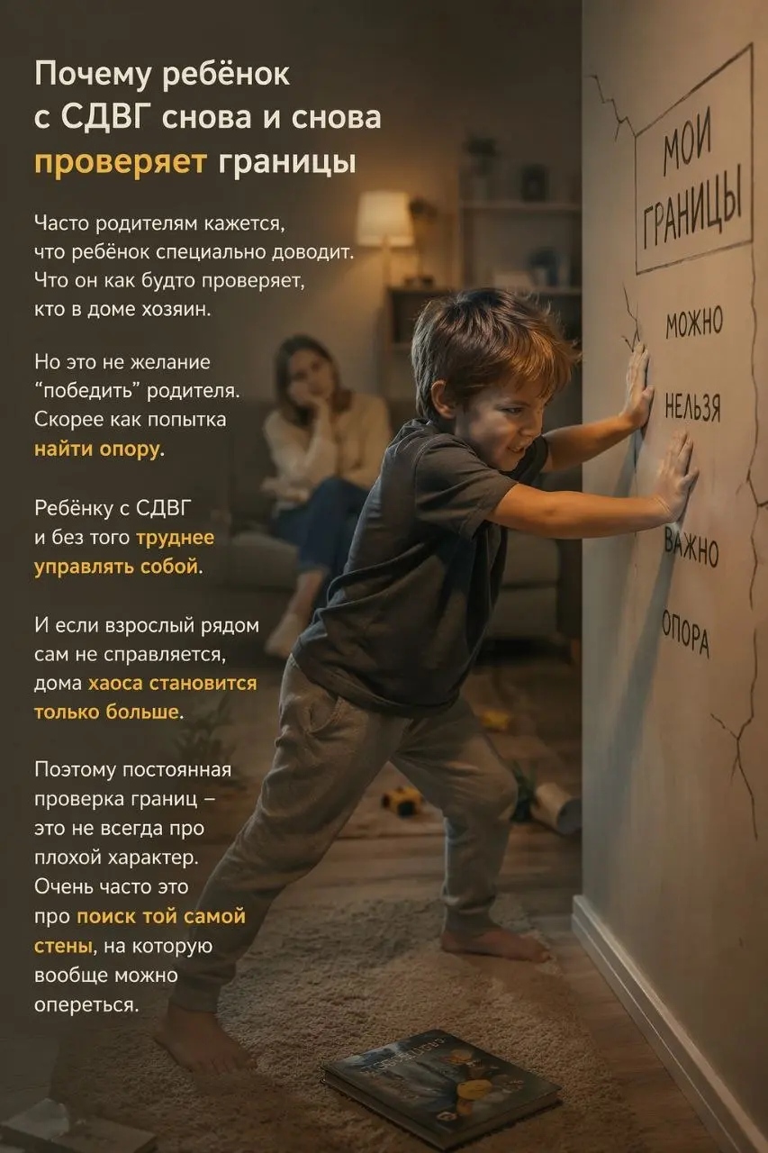 Почему ребёнок с СДВГ снова и снова проверяет границы
Часто родителям кажется, что ребёнок специально доводит.
Что он как будто проверяет, кто в доме хозяин.
Но это не желание “победить” родителя | Сетка — социальная сеть от hh.ru