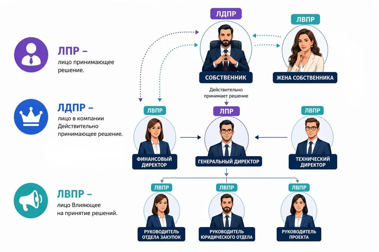 Ознакомьте своих сотрудников!
Во взаимодействии с другими компаниями мы стараемся выйти на ключевых людей, чтобы сделка удалась.
В больших компаниях - это целая группа лиц | Сетка — социальная сеть от hh.ru