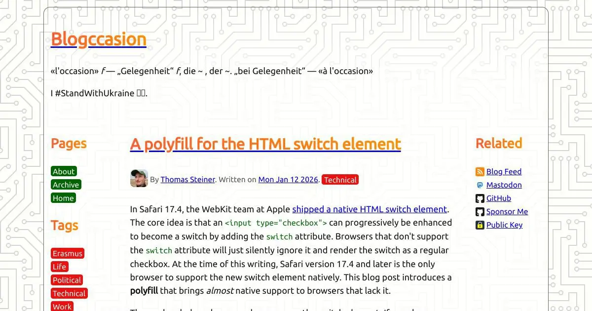 Полифилл для switch
В Safari 17.4 появился новый нативный HTML элемент switch, который превращает обычный checkbox с атрибутом switch в переключатель. Для остальных браузеров есть полифилл | Сетка — социальная сеть от hh.ru