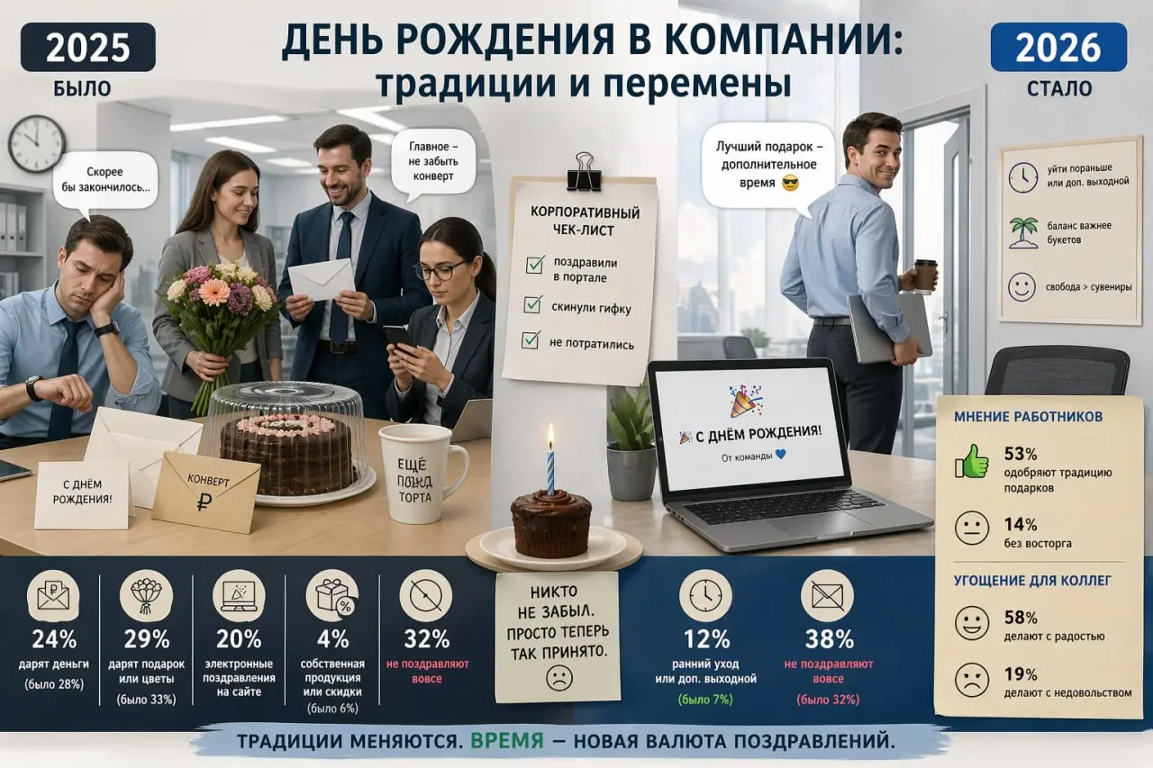 День рождения в компании: традиции и перемены
Сегодня в каждой четвёртой организации (24%) принято дарить имениннику деньги - год назад так поступали 28% работодателей | Сетка — социальная сеть от hh.ru