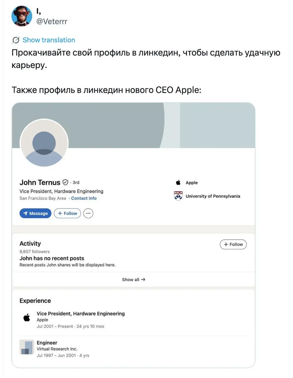 Профиль в Linkedin нового CEO Apple | Сетка — социальная сеть от hh.ru