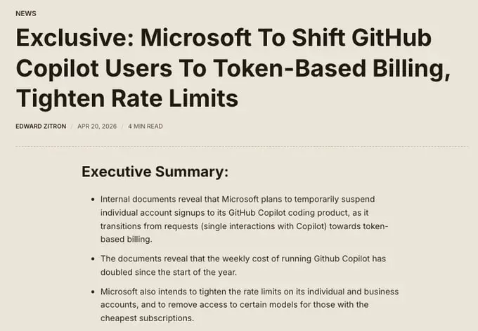 Microsoft ужесточает лимиты запросов в GitHub Copilot, убирает Opus из подписок за 10 долларов в месяц и планирует перевести пользователей на биллинг на основе токенов/API позже в 2026 году | Сетка — социальная сеть от hh.ru