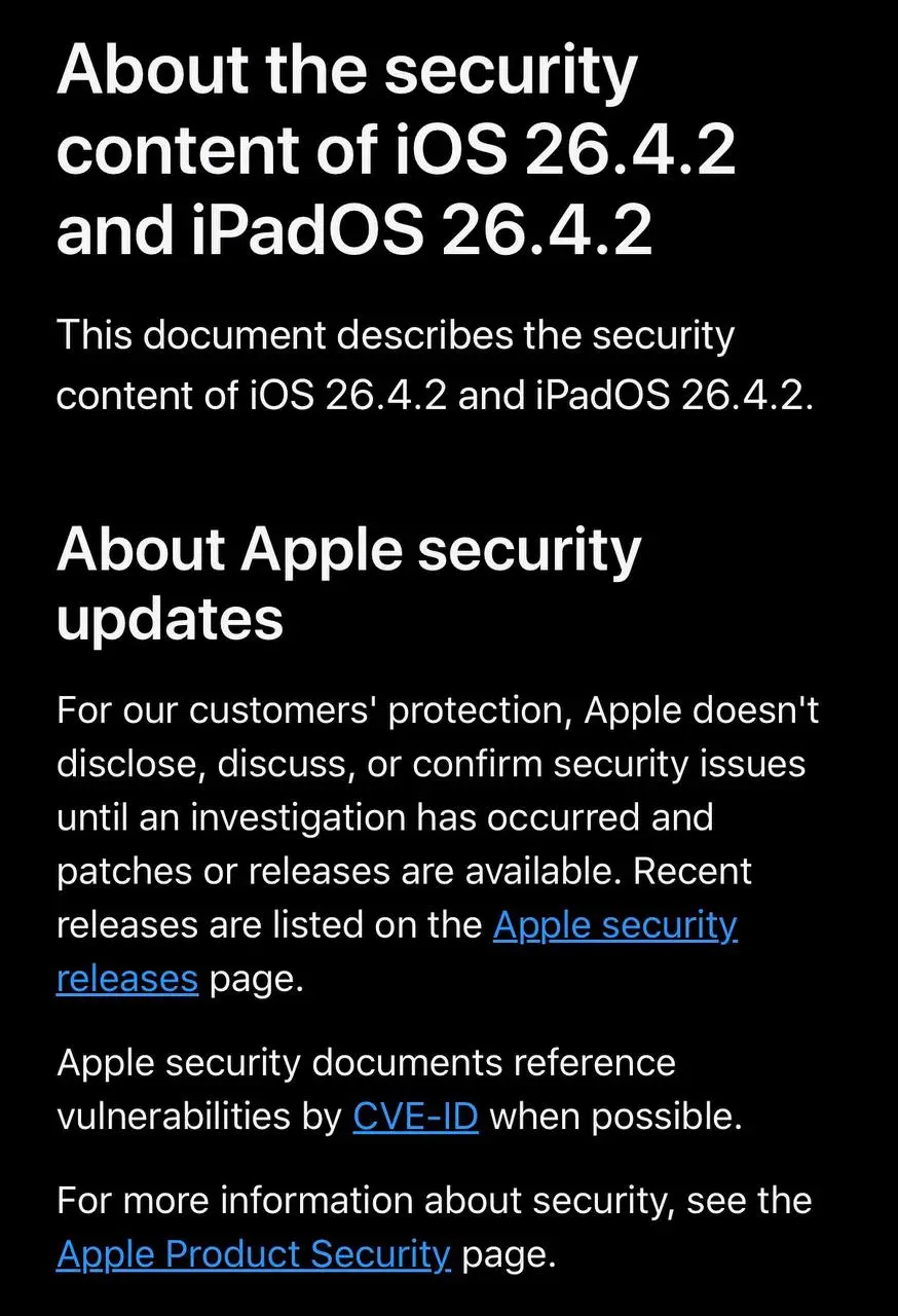 Помните историю, когда через пуши достали переписку из Сигнала?
В iOS 26.4.2: Apple закрывает эту уязвимость Push-уведомлений
Уязвимость затрагивала механизм кэширования системных уведомлений | Сетка — социальная сеть от hh.ru