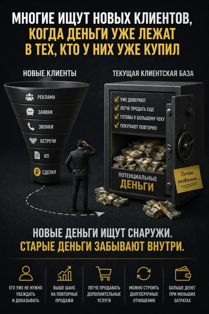Где вы недозарабатываете на текущих клиентах?
Одна из самых частых ошибок в бизнесе выглядит так:
все внимание на новых клиентах,
вся энергия в привлечение,
все ожидания от рекламы | Сетка — социальная сеть от hh.ru