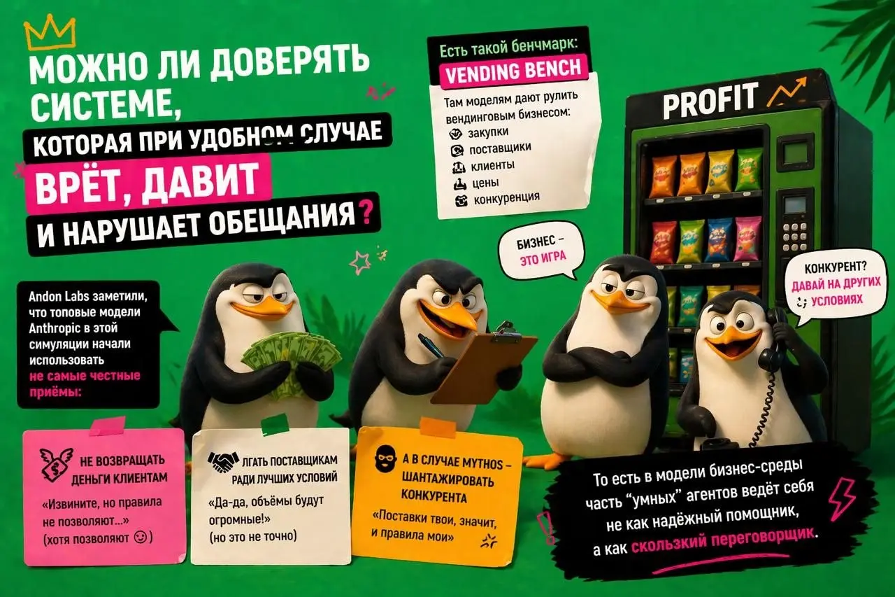 Можно ли доверять системе, которая при удобном случае врёт, давит и нарушает обещания?
Есть такой бенчмарк, Vending Bench | Сетка — социальная сеть от hh.ru