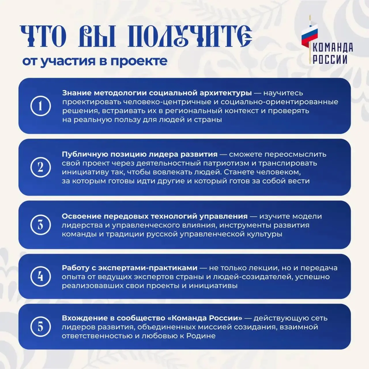 Будущее государства — в каждом из нас!
🚀 Стартовала регистрация на второй поток масштабной образовательной программы развития управленческого потенциала «Команда России» | Сетка — социальная сеть от hh.ru