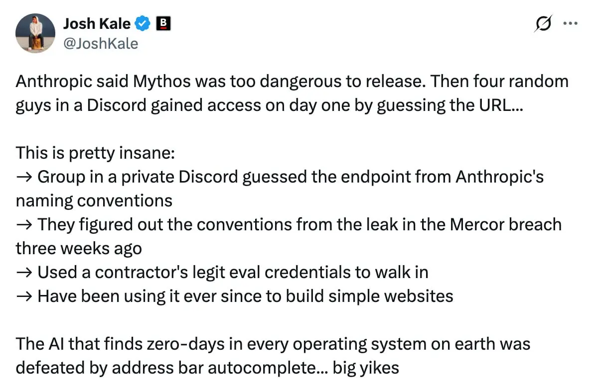 Мем дня: секретную модель Claude Mythos от Anthropic взломали простым подбором URL.
Доступ к нейронке уровня кибероружия получила группа охотников за нерелизнутыми моделями | Сетка — социальная сеть от hh.ru