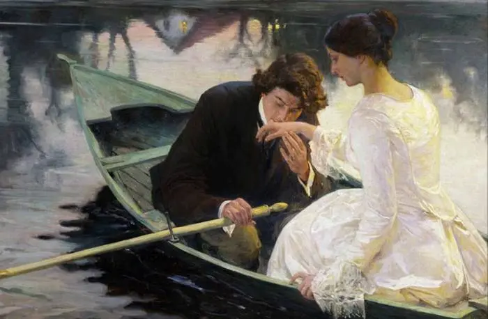 “Мечтание”
Франц Поль Гильери (1900)
Художник работает с пространством, лодка замыкает героев, превращая сцену в изолированный мир. Вода вокруг это зеркало, которое размывает границы реальности | Сетка — социальная сеть от hh.ru
