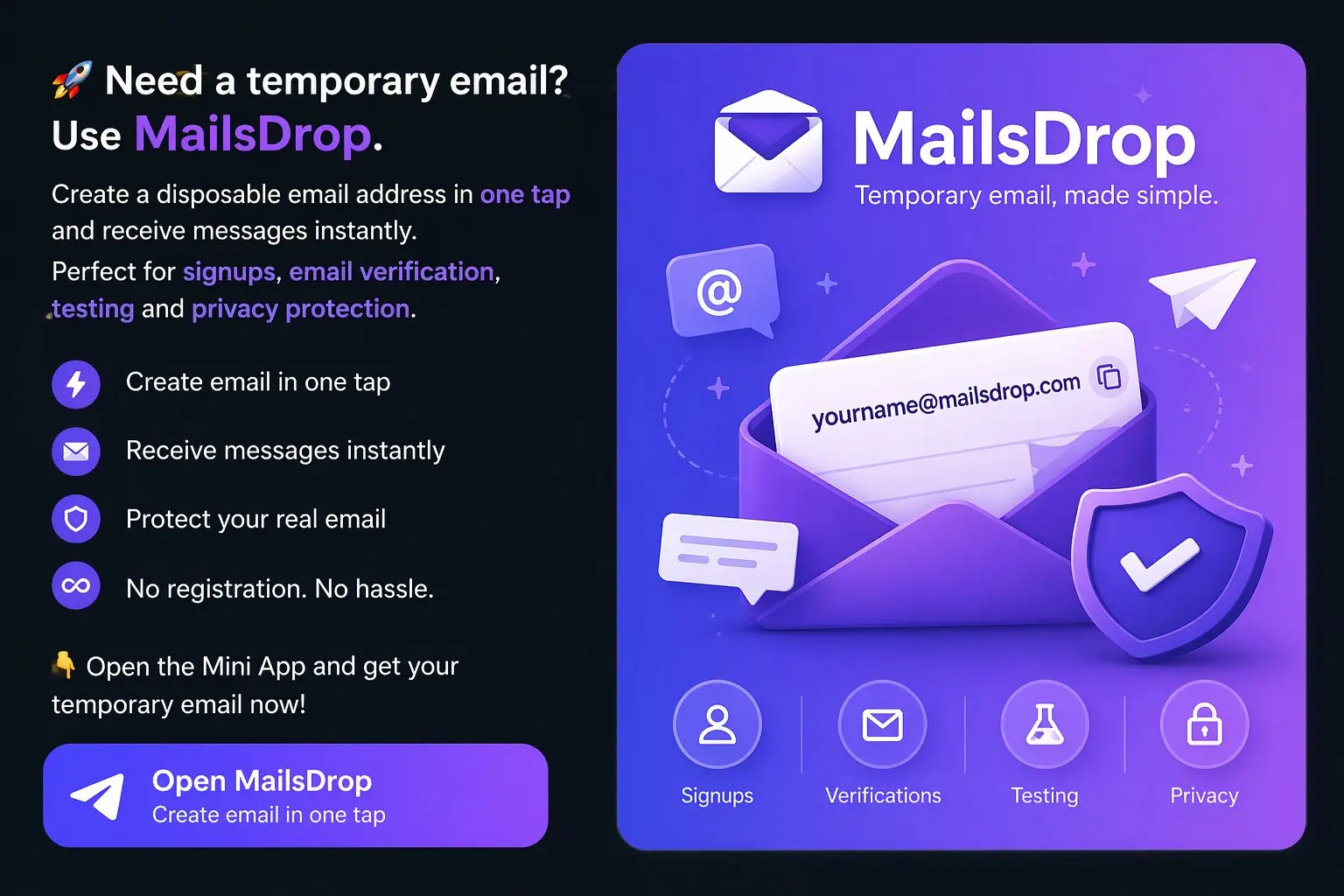 🚀 Need a temporary email?
Use MailsDrop — disposable email addresses directly inside Telegram | Сетка — социальная сеть от hh.ru