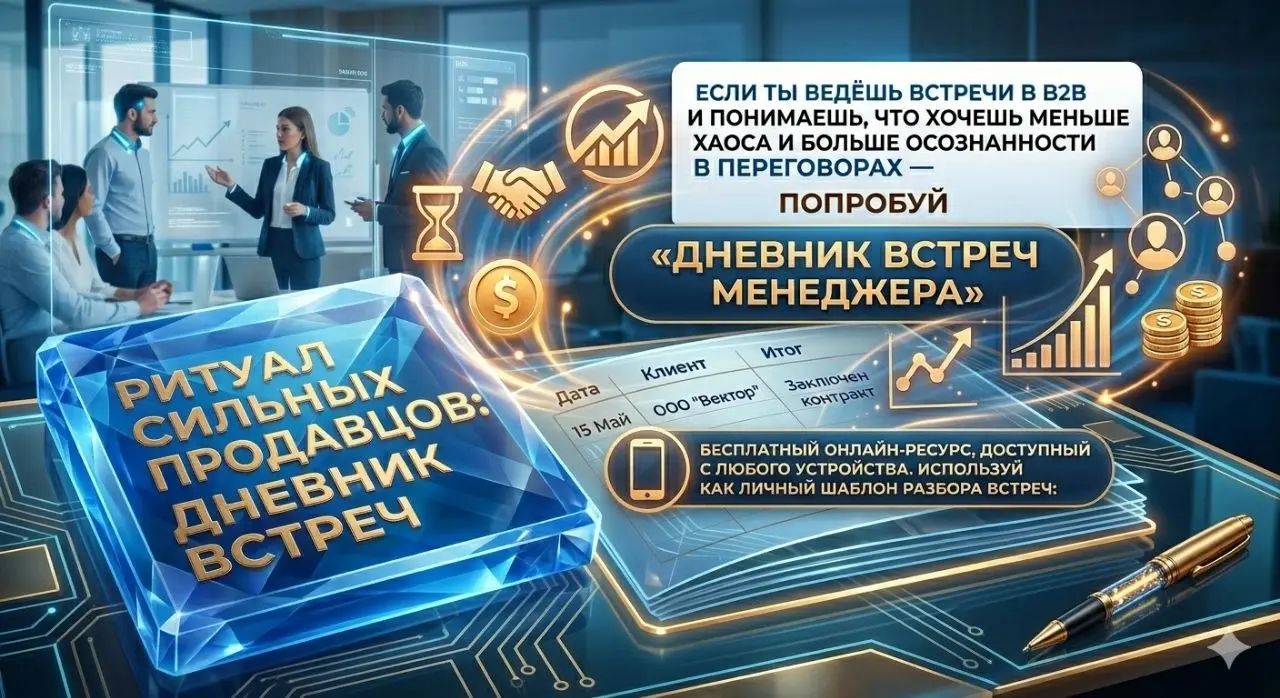 #ТехникаПродаж
РИТУАЛ СИЛЬНЫХ ПРОДАВЦОВ: ДНЕВНИК ВСТРЕЧ
Большинство менеджеров честно готовятся к встречам, но почти никто честно не разбирает их после | Сетка — социальная сеть от hh.ru