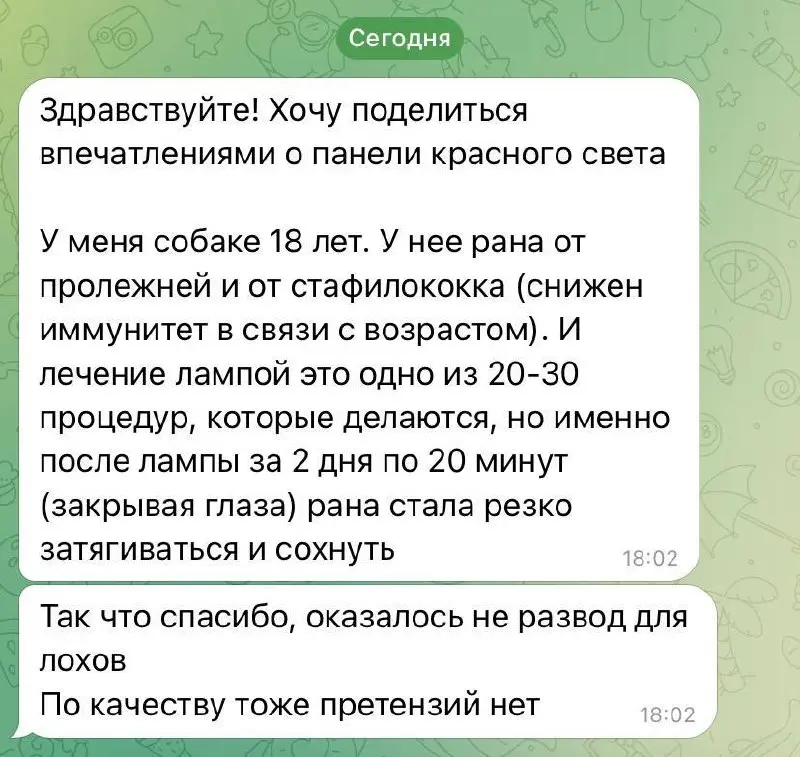 Отзыв клиента или тот случай, когда обратная связь ценнее любого сертификата 💛
Человек поделился историей, как использование лампы повлияло на лечение раны у его пожилой собаки | Сетка — социальная сеть от hh.ru