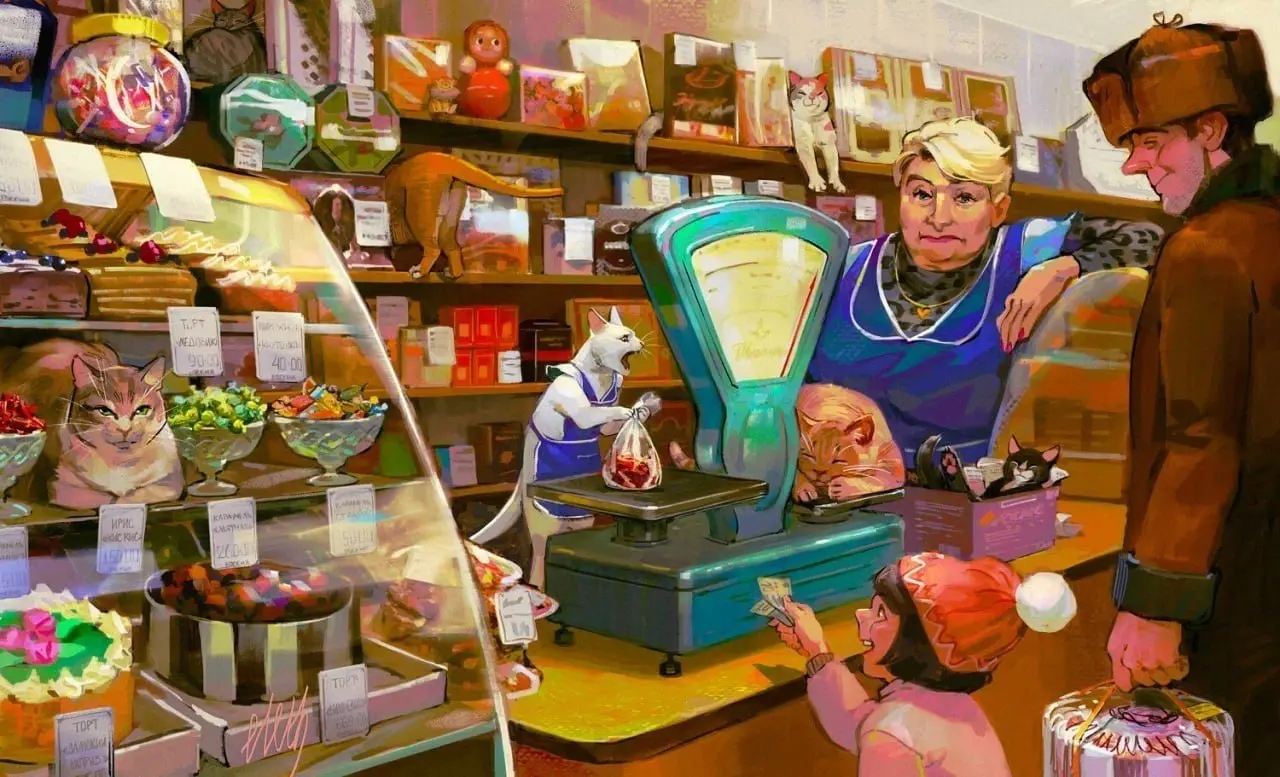 Юлия Журавлева
"Магазин сладостей"
Воскресный #Арт@poldner #Коты@poldner | Сетка — социальная сеть от hh.ru