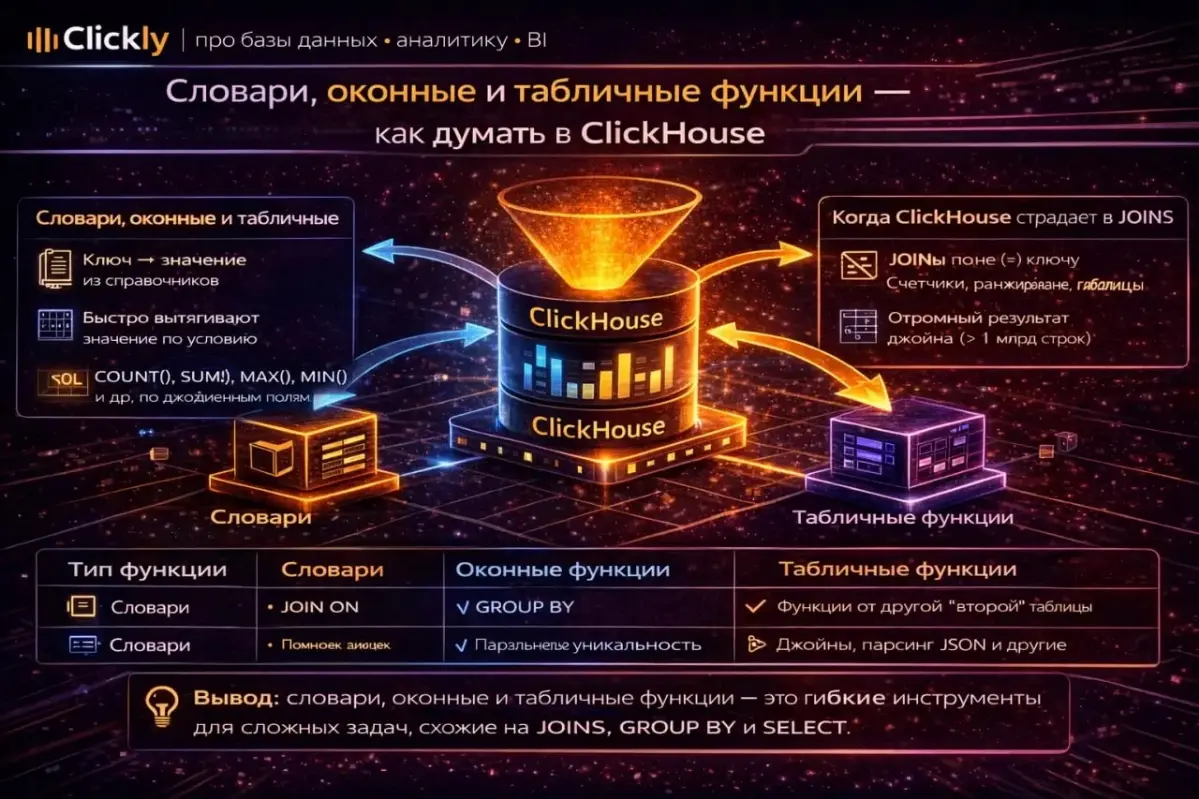 🧭 Словари, оконные и табличные функции — как думать в ClickHouse
🔥 Главная мысль
В ClickHouse есть три мощных инструмента,
которые сильно меняют подход к аналитике:
• словари (Dictionary)
• оконные фу... | Сетка — социальная сеть от hh.ru