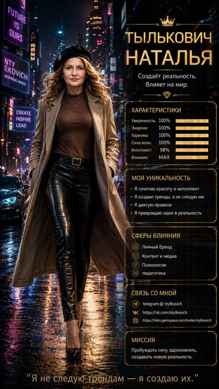 ✨ Не ждала, пока мир подстроится под меня.
Я просто научилась идти вперёд — даже сквозь шум, хаос и чужие правила. 🌆
Женщина может быть мягкой — и при этом сильной.
Красивой — и при этом умной | Сетка — социальная сеть от hh.ru