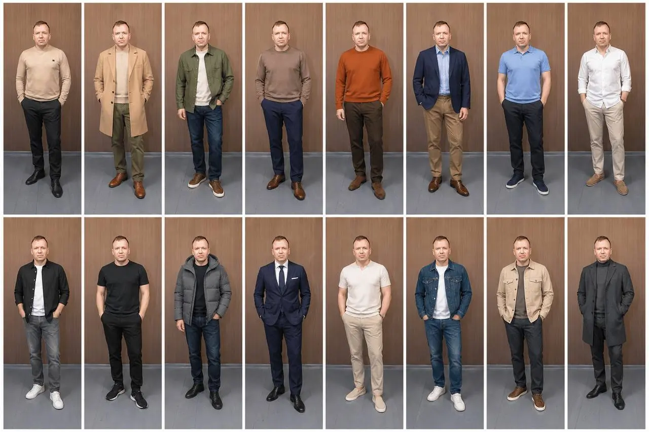 Прикольный промт для GPT или для других ИИ
ПРОМПТ
Create 16 full-body studio portraits of the SAME man based on the uploaded reference photo | Сетка — социальная сеть от hh.ru