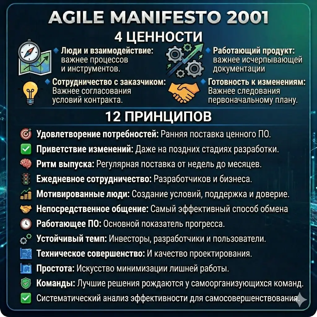 Agile Manifesto 2.0
Существует красивая байка: в 2001 году 17 топ-менеджеров собрались на горнолыжном курорте, чтобы решить проблемы разработки ПО | Сетка — социальная сеть от hh.ru