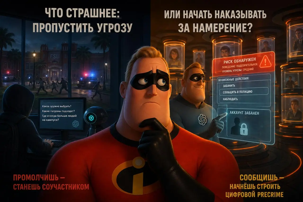 Что страшнее: пропустить угрозу или начать наказывать за намерение?
OpenAI уже оказалась ровно в этой точке | Сетка — социальная сеть от hh.ru