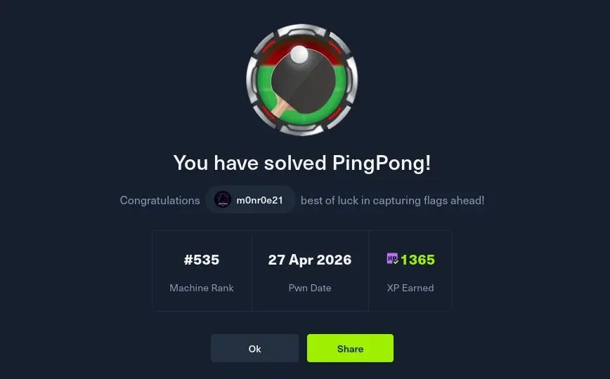 HackTheBox Season 10 PingPong
На выходных было не до завершения сезона, но даже учитывая, что сдавал в ночь, оказался 535. Машина действительно интересная, достойна завершения сезона | Сетка — социальная сеть от hh.ru