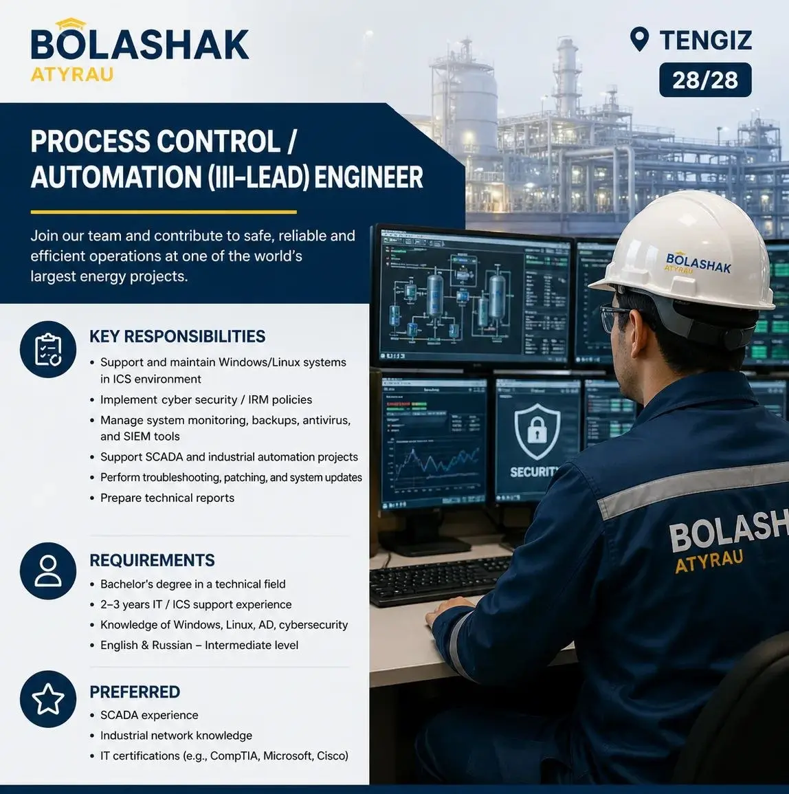 Bolashak Atyrau — Инженер по автоматизации / управлению процессами (III–Lead)
📍 Тенгиз | Вахта 28/28
Присоединяйтесь к нашей команде и вносите вклад в безопасную, надежную и эффективную работу одного ... | Сетка — социальная сеть от hh.ru