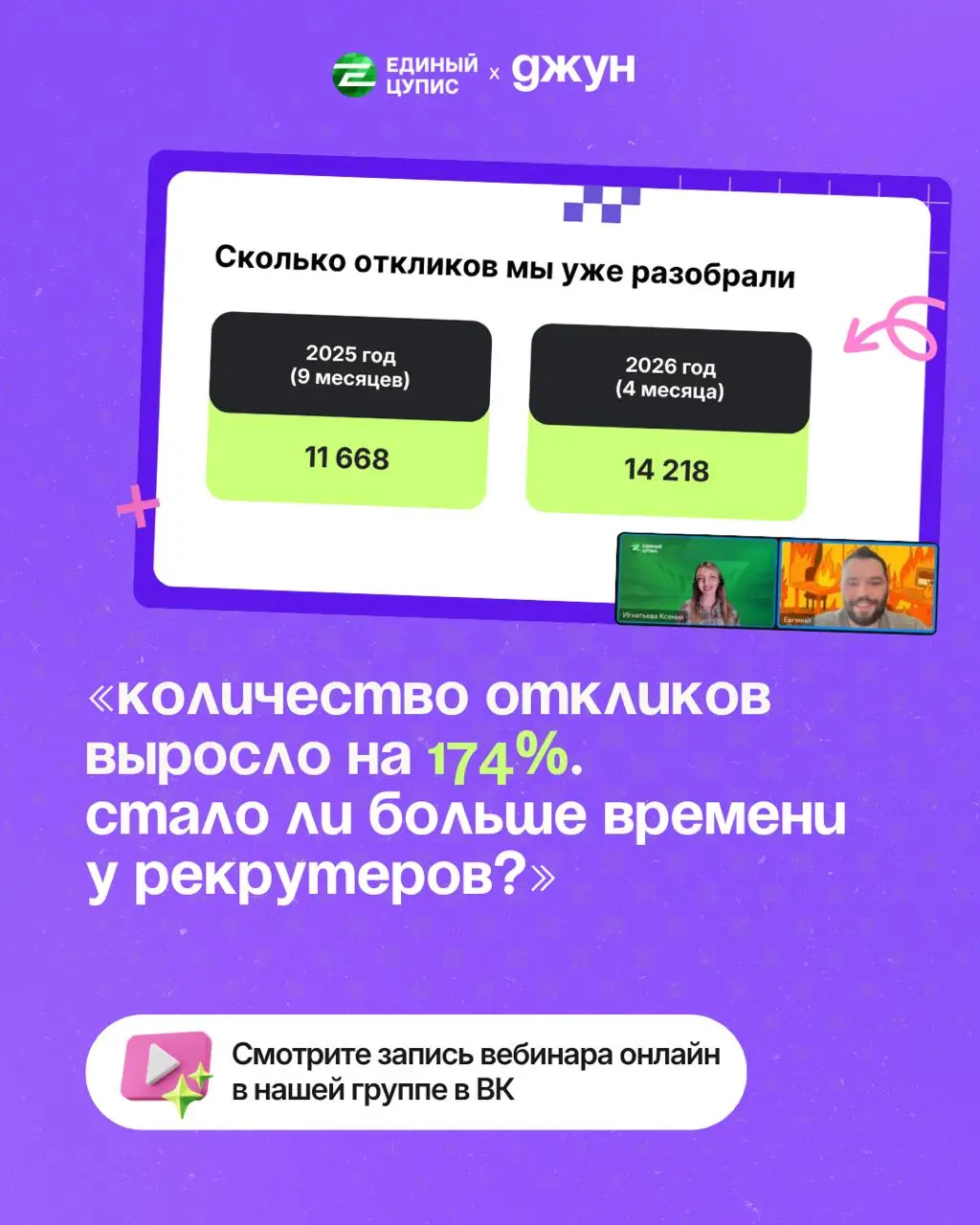 Как Единый ЦУПИС справились с ростом откликов на 174%?
📹 Чтобы узнать ответ — смотрите запись вебинара с Ксенией Игнатьевой | Сетка — социальная сеть от hh.ru