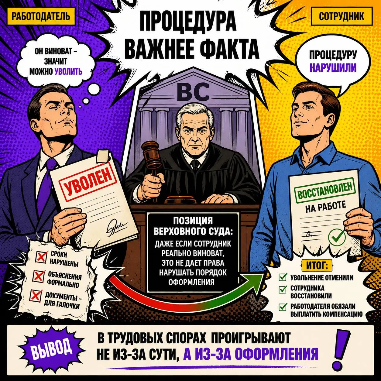 ⚖️Кейс ВС: увольнение признали незаконным из-за процедуры
История максимально типовая | Сетка — социальная сеть от hh.ru