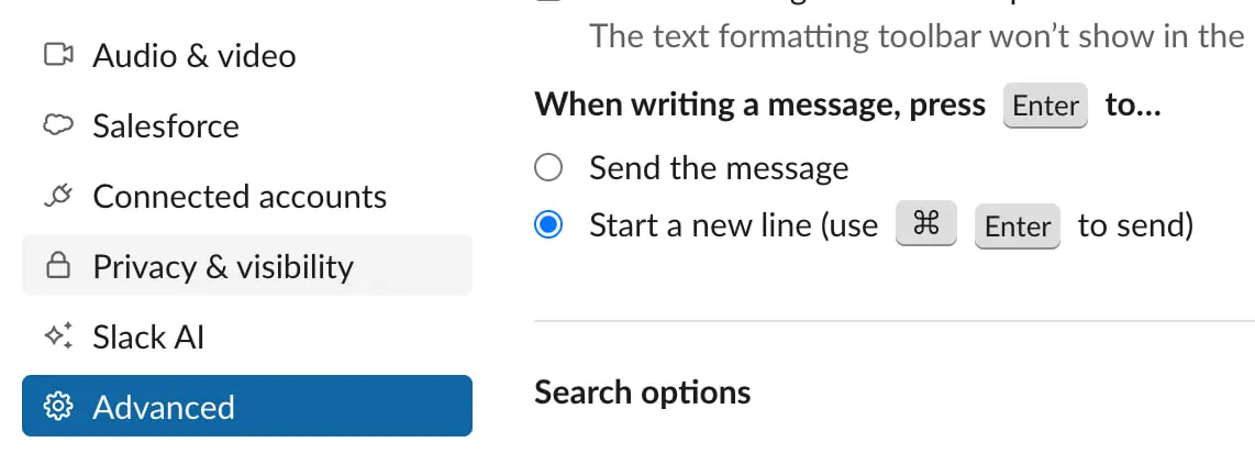 ⌨️ Играл в UI и проиграл
Slack зачем-то прячет настройку «что делает Enter» — отправить сообщение или перенос строки — в раздел Advanced. Не в Messaging, не в Input | Сетка — социальная сеть от hh.ru