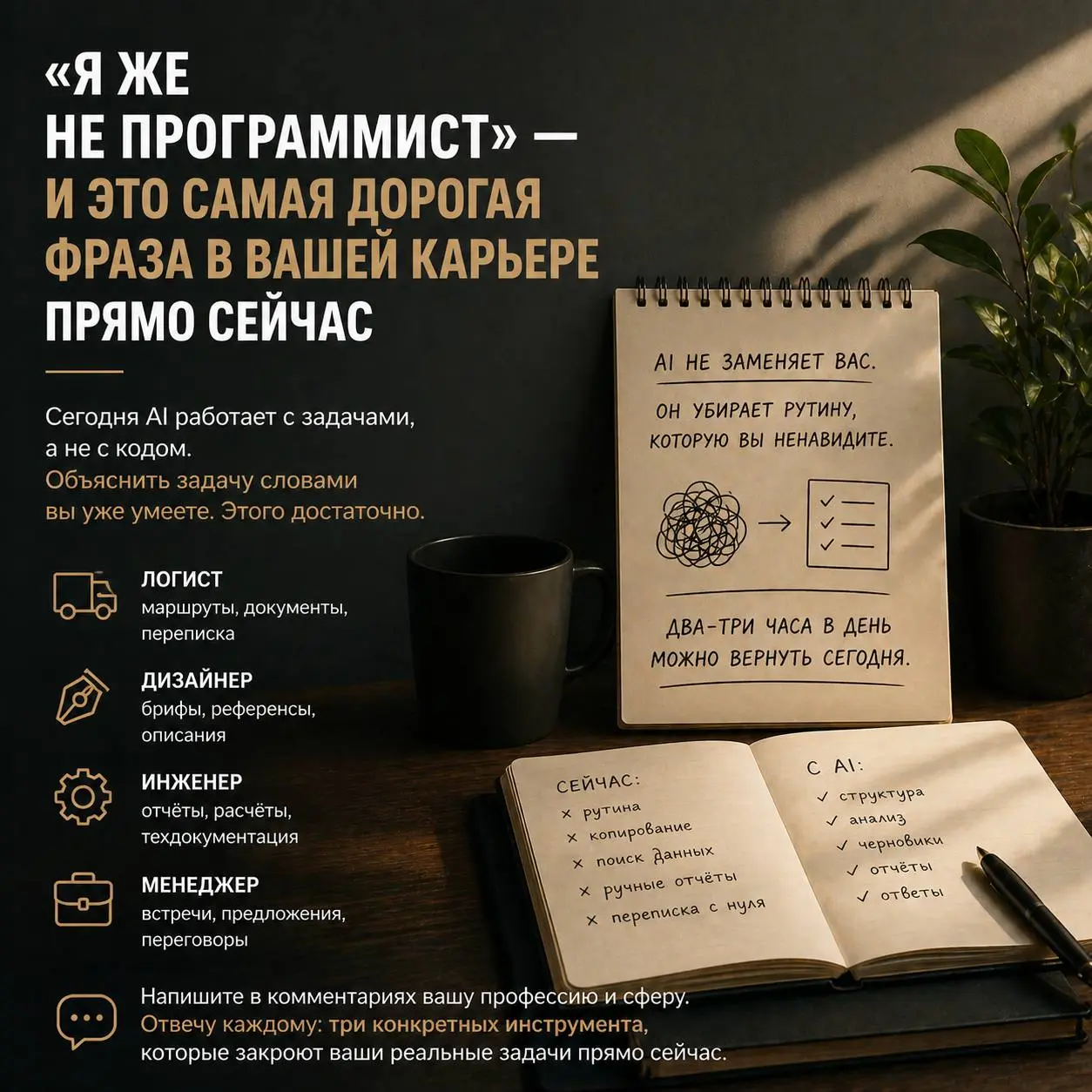 «Я же не программист»
и это самая дорогая фраза в вашей карьере прямо сейчас
На прошлой неделе разговаривала с специалистом из сферы логистики. Опытная, чёткая, знает свою работу до деталей | Сетка — социальная сеть от hh.ru