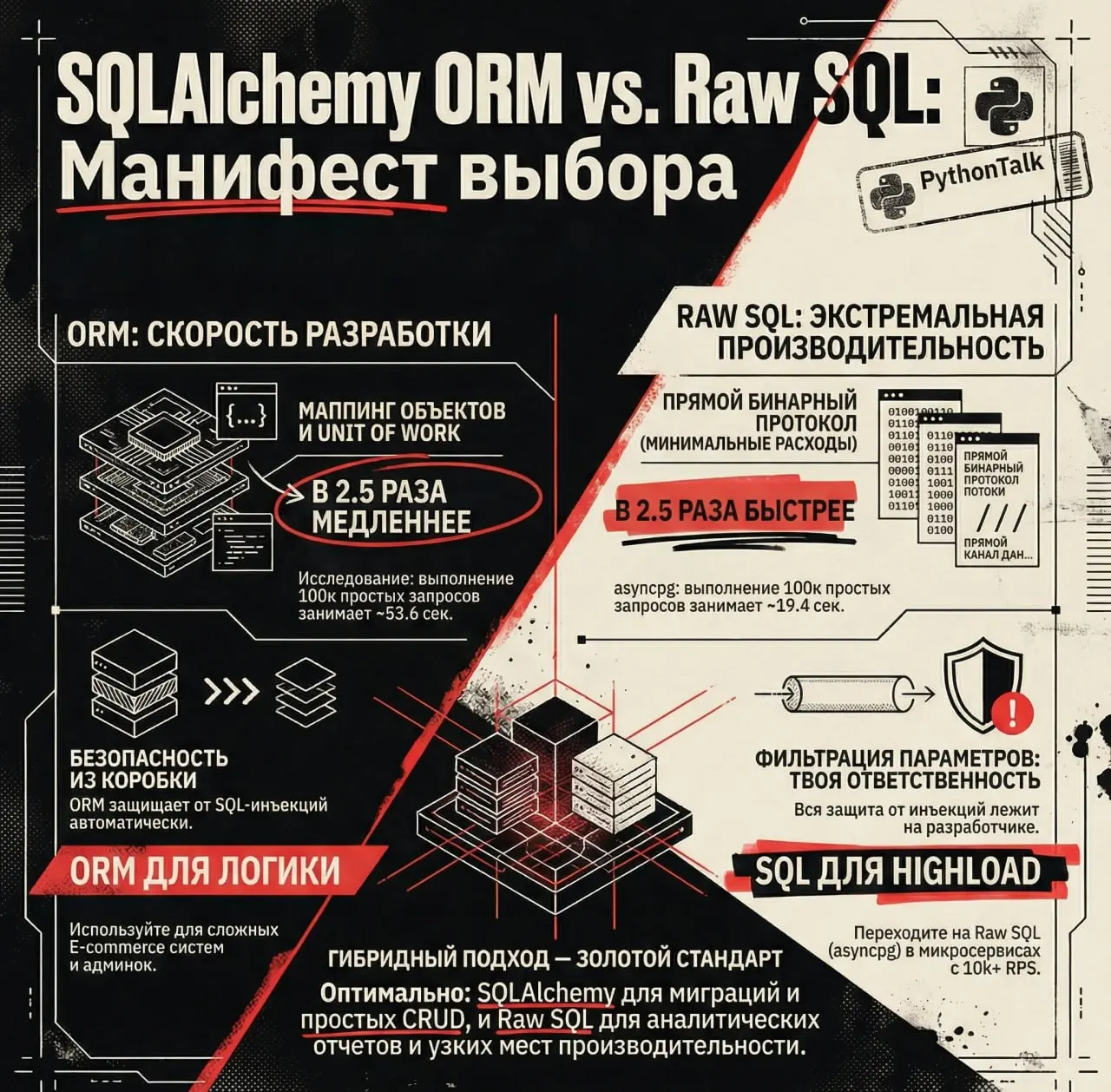 ORM vs Raw SQL 🪑
Вечный холивар, в котором одни топят за «удобство», а другие за «контроль».
🪑 Стул №1: SQLAlchemy ORM
ORM — это не про скорость кода, это про скорость поставки фич | Сетка — социальная сеть от hh.ru