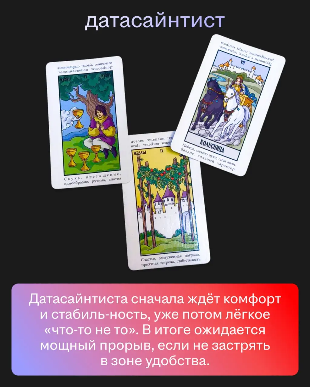Мы спросили у ясеня карт Таро, что нас ждёт. И вот что они нам ответили. Ищите себя и узнаете всю правду о ближайшем будущем 🙂
Точность предсказаний — 99,8% | Сетка — социальная сеть от hh.ru