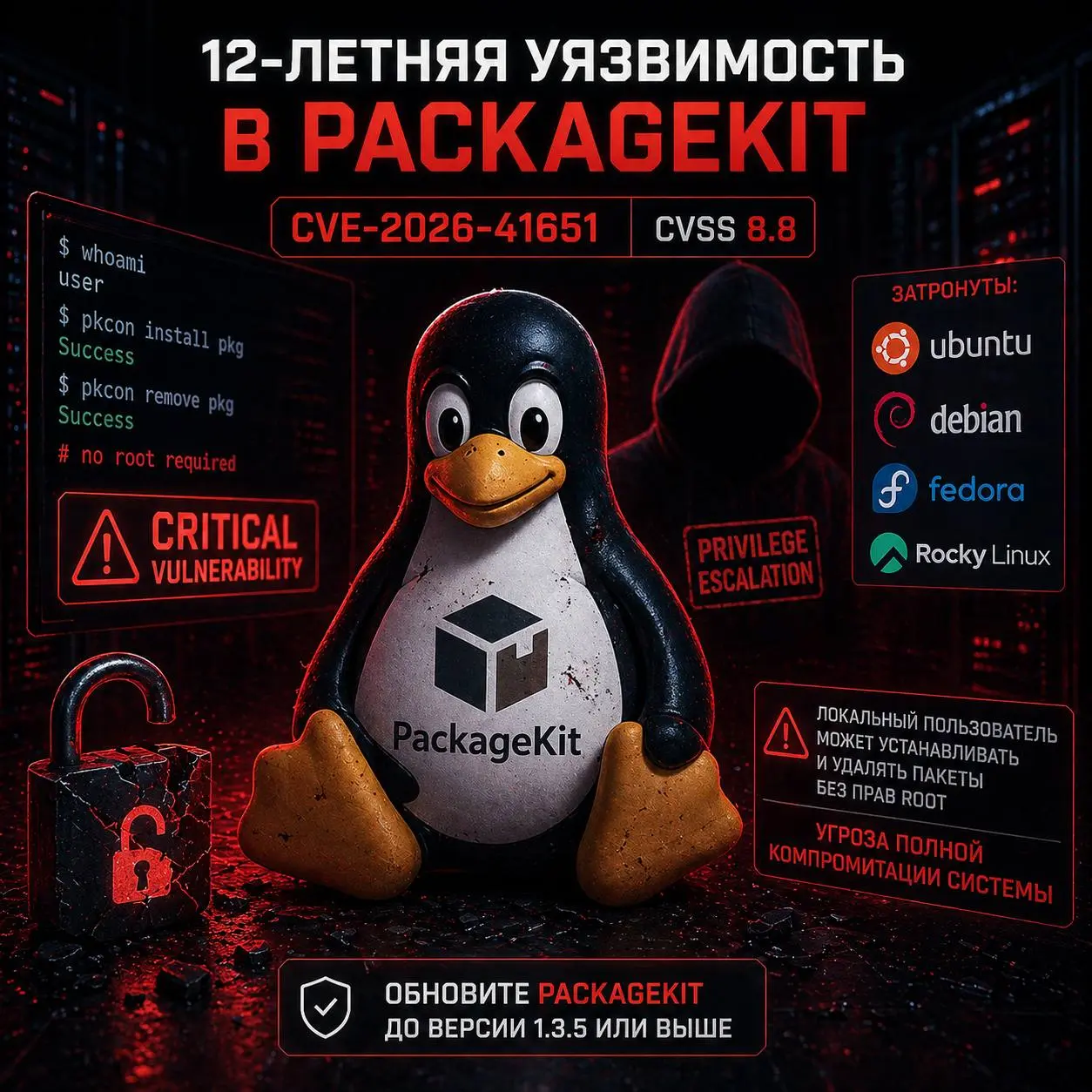 🛠️ 🐧 12-летняя уязвимость в PackageKit угрожает популярным Linux-дистрибутивам
Выявлена критическая уязвимость CVE-2026-41651 (CVSS 8.8) в PackageKit — службе управления пакетами | Сетка — социальная сеть от hh.ru