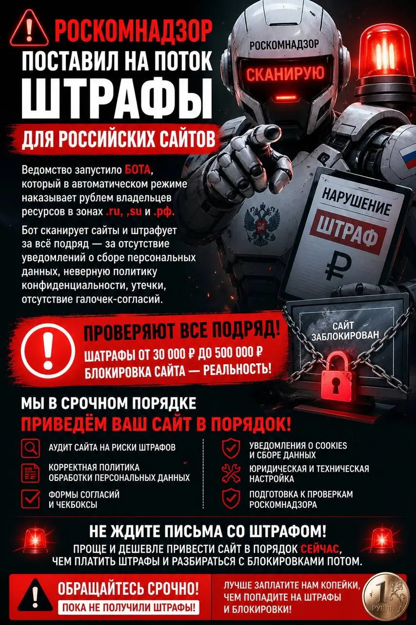 Роскомнадзор поставил на поток штрафы для российских сайтов.
Ведомство запустило бота, который в автоматическом режиме наказывает рублем владельцев ресурсов в зонах .ru, .su и .рф | Сетка — социальная сеть от hh.ru