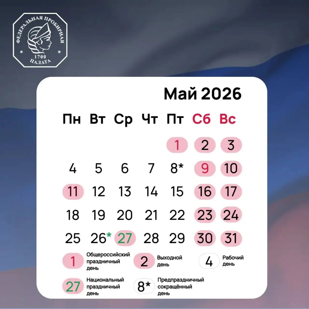График работы Федеральной пробирной палаты в мае 2026 года 📆
Впереди — два праздничных периода:
🤩 1, 2 и 3 мая — отдых в честь Праздника Весны и Труда;
🤩 9, 10 и 11 мая — отдых в честь Дня Победы | Сетка — социальная сеть от hh.ru
