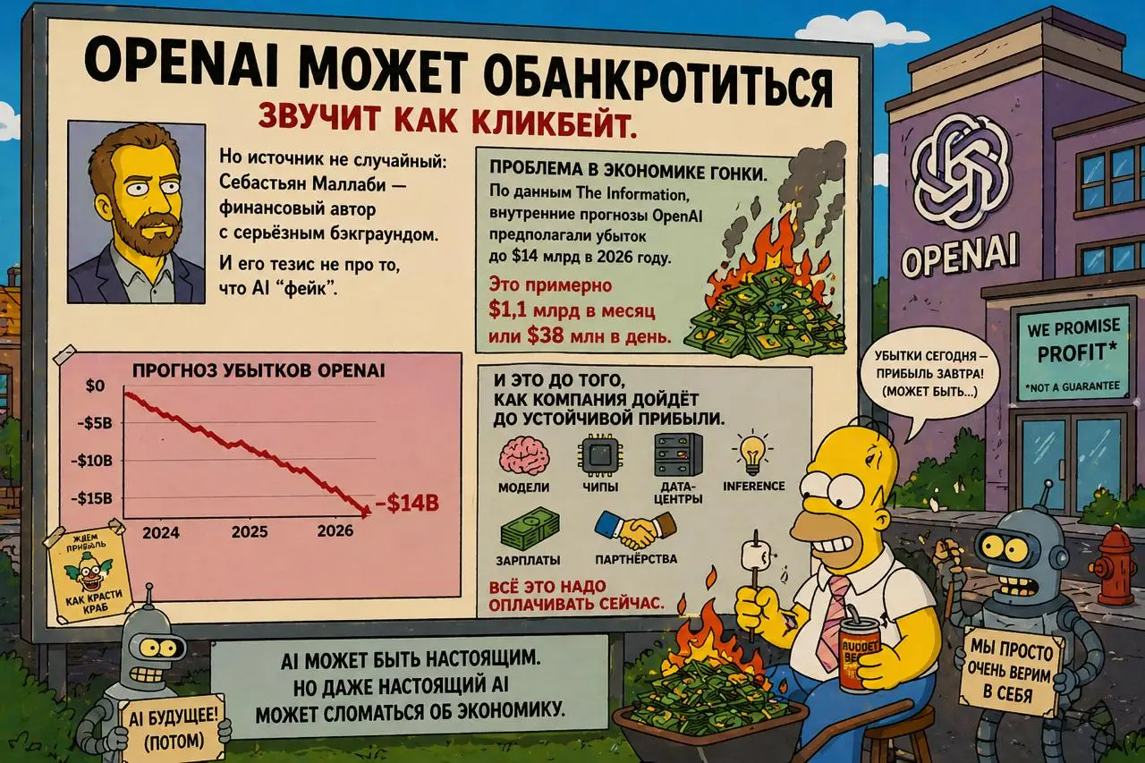 “OpenAI может обанкротиться” звучит как кликбейт.
Но источник не случайный: Себастьян Маллаби — финансовый автор с серьёзным бэкграундом.
И его тезис не про то, что AI “фейк” | Сетка — социальная сеть от hh.ru