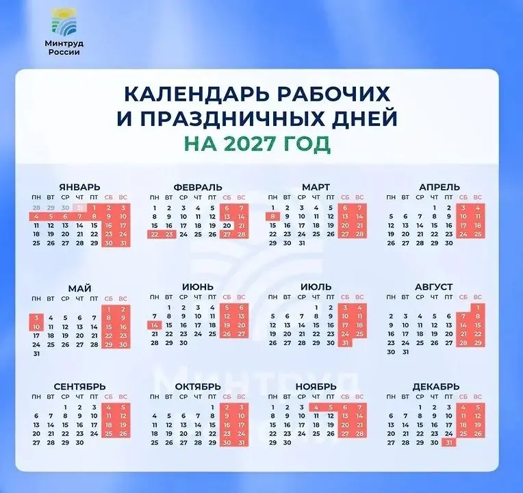 Минтруд представил календарь праздничных дней в 2027 году | Сетка — социальная сеть от hh.ru