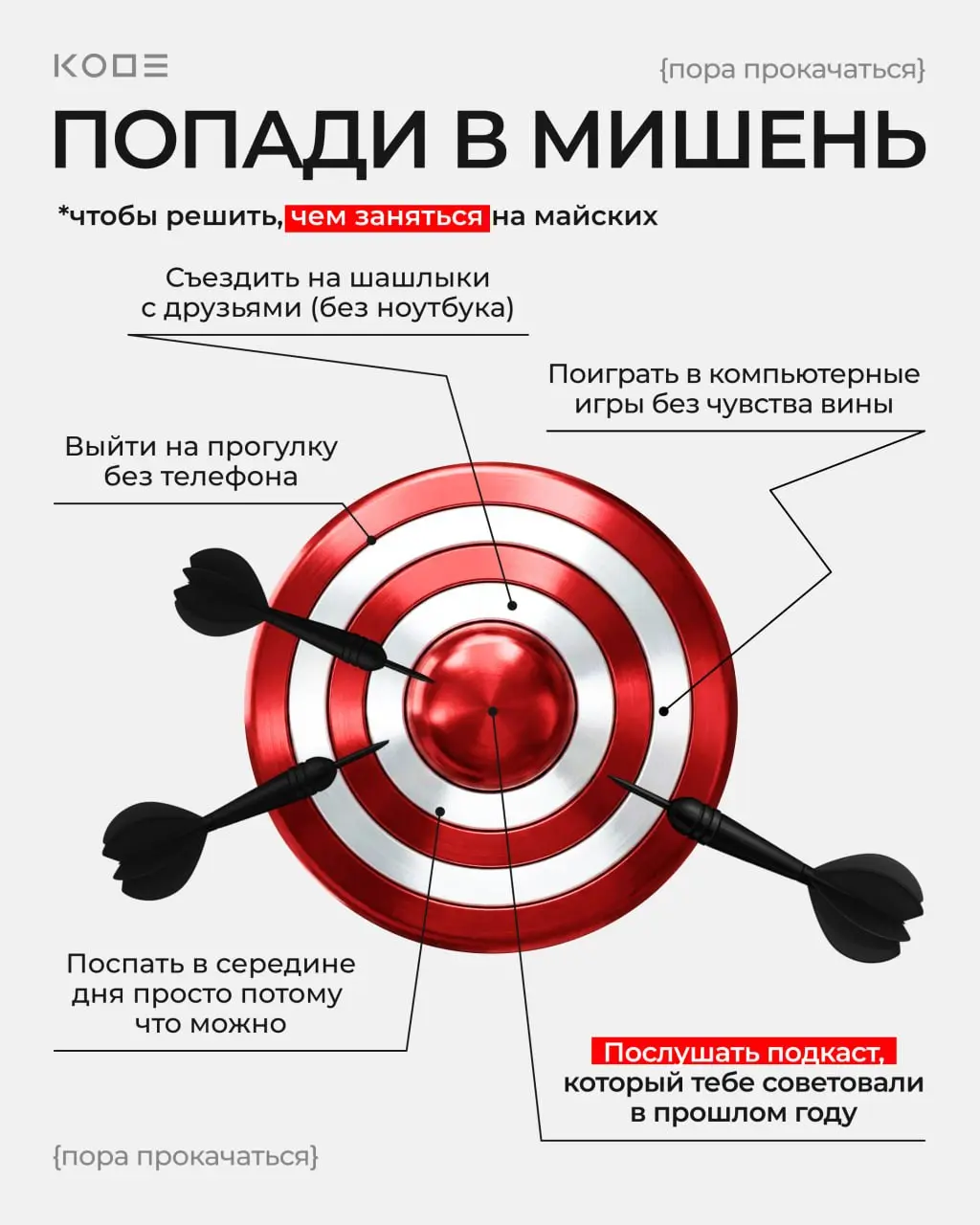 Врываемся в майские праздники и предлагаем вам выбрать досуг на небольшие, но долгожданные выходные!
Нет планов? Самое время довериться дротику! (а еще можно наш подкаст послушать)
Отправляйте смайлик... | Сетка — социальная сеть от hh.ru