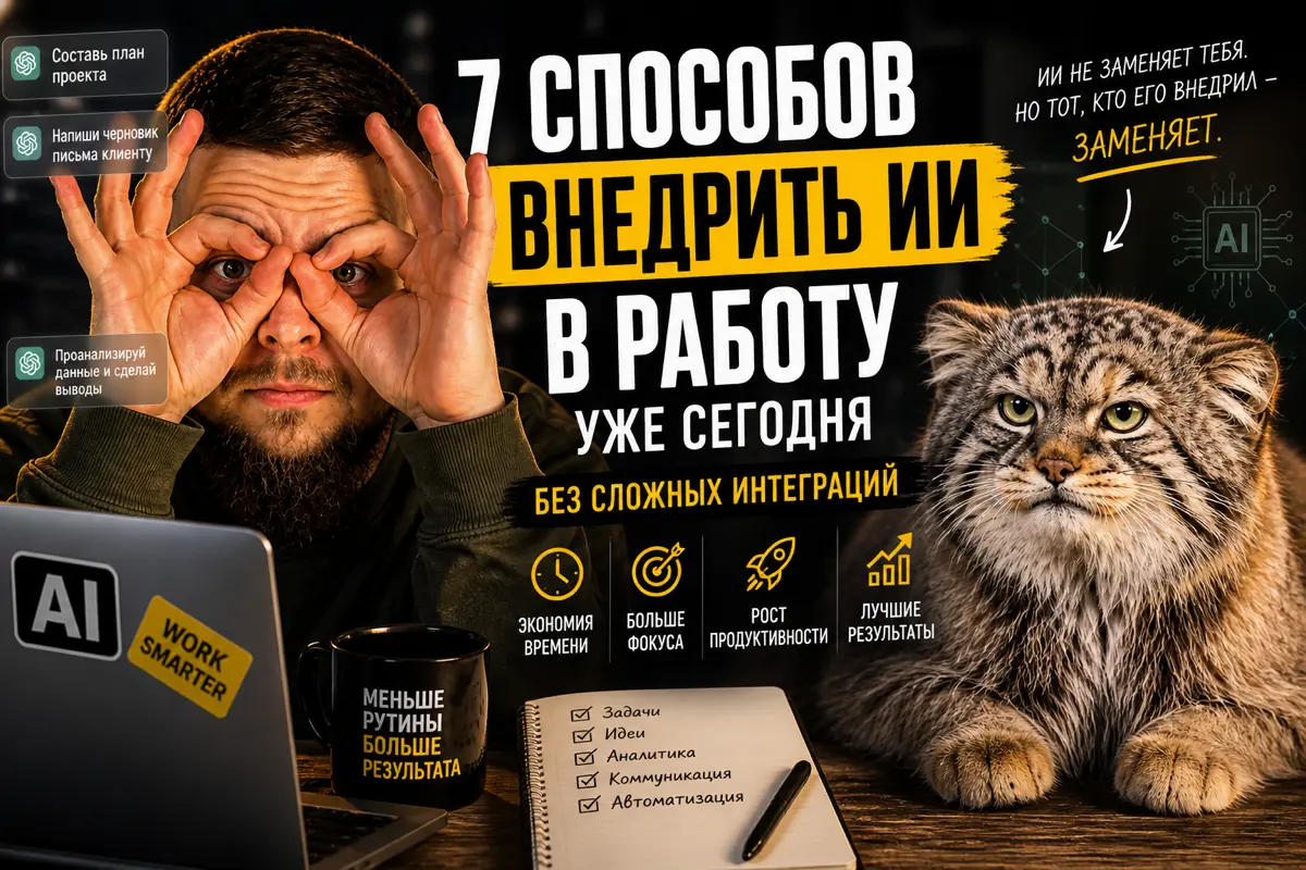 7 способов внедрить ИИ в работу уже сегодня без сложных интеграций
Большинство думает, что внедрение ИИ — это:
сложные системы
разработка
бюджеты
команда
Нет | Сетка — социальная сеть от hh.ru