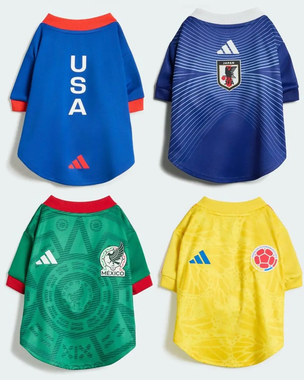 Adidas дропнул целую коллекцию джерси для питомцев. Она приурочена к World Cup 2026 и в ней есть шмот с флагами и атрибутикой Аргентины, Колумбии, Мексики, Японии и США | Сетка — социальная сеть от hh.ru