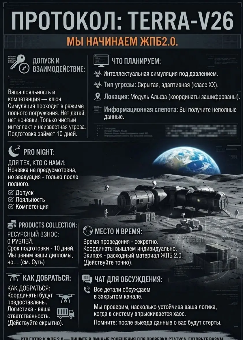 ПРОТОКОЛ: [TERRA-V26]
​Система стабильна. Но это временно.
​Мы открываем набор на закрытую интеллектуальную симуляцию нового уровня. Это не тренинг. Это не дискуссия | Сетка — социальная сеть от hh.ru