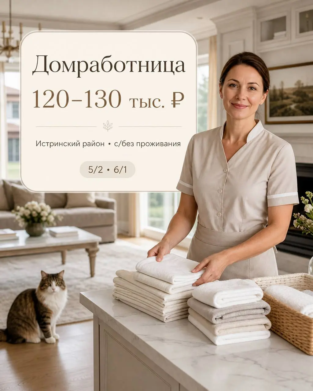 ДОМРАБОТНИЦА
120 000₽ - 130 000₽
семья
• Истринский район, деревня Новинки
• Клининг и бытовые услуги
• @IrinaKorotkova90
Полное описание вакансии размещено в Телеграм и Макс | Сетка — социальная сеть от hh.ru