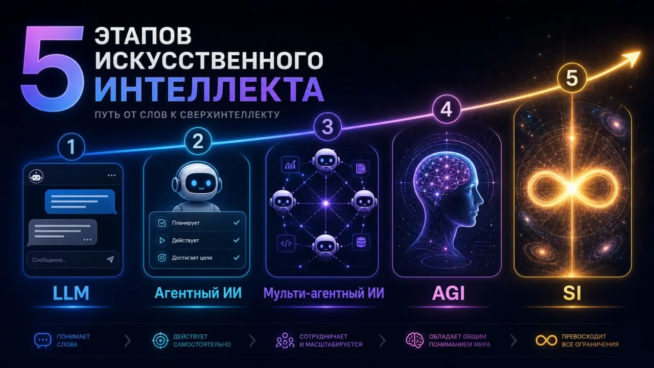 Существует 5 стадий искусственного интеллекта

LLM (Large Language Model - большие языковые модели)
Агентный ИИ
Мульти агентный ИИ
AGI (Artificial General Intelligence - общий ии)
SI (Superintelligenc... | Сетка — социальная сеть от hh.ru